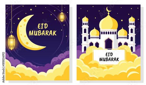 Eid Mubarak greeting card design with mosque and crescent moon on night background