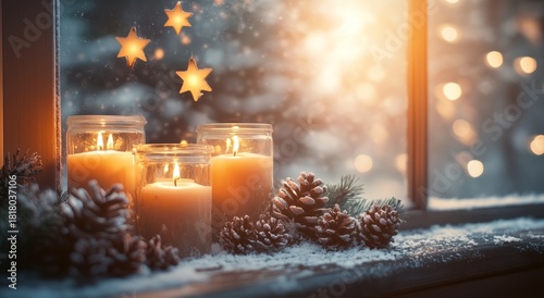Warm Candlelight Shines Through a Snowy Window During the Winter Holiday Season