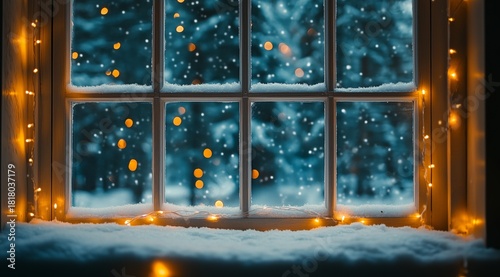 Winter Sunset With Snow-Covered Window and Glowing Fairy Lights by the Pinecones