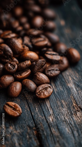 Freshly Roasted Coffee Beans Scattered on a Rustic Wooden Table