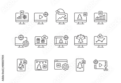 A set of vector icons representing AI-based digital solutions for holiday content creation, analytics, and marketing optimization, created in line style with editable stroke