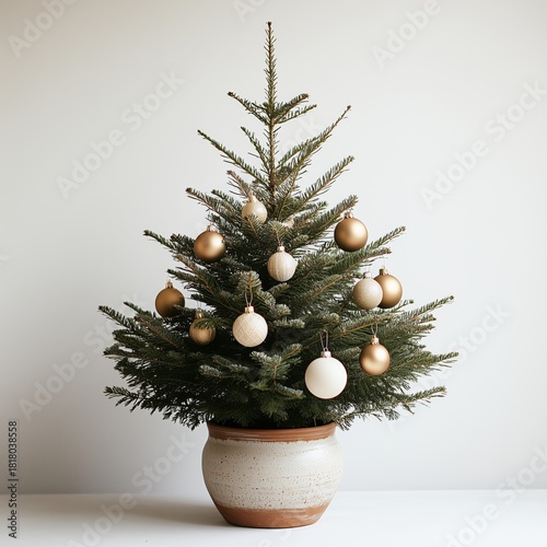 Elegant Christmas Tree With Golden Ornaments in a Simple Pot Placed Indoors