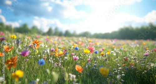 Bright Wildflower Garden in Full Bloom During a Sunny Day in Springtime