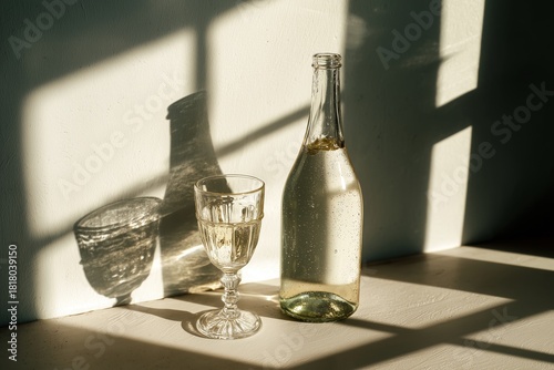 Bright Sunlight Casts Shadows on a Glass and Bottle of Sparkling Drink by the...
