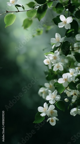 Beautiful White Flowers Blooming on Green Branches in a Peaceful Garden Setting