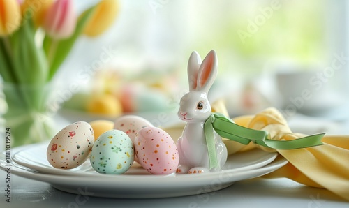 Easter Bunny Figurine and Colorful Eggs Set on a Bright Table With Flowers in...