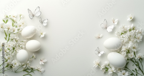 Elegant Display of White Eggs Surrounded by Delicate Flowers and Butterflies