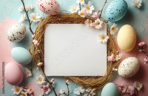 Spring Celebration With Pastel Easter Eggs and Blooming Branches on a Light B...