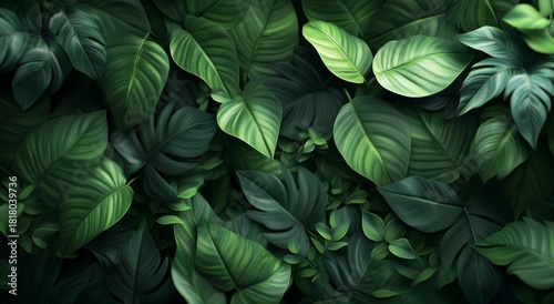 Various Types of Green Leaves in a Lush Arrangement With Varying Shades of Fo...