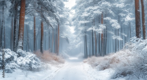 Snow-covered Forest Path in Winter Showcasing Tranquil Beauty and Natures Ser...