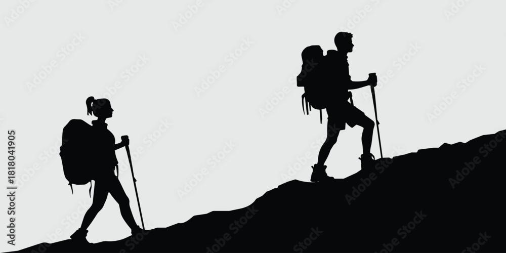 Fototapeta premium Hiking man silhouette, vector, white background. Vector silhouettes&nbsp;of&nbsp;people. Hiker with rucksacks&nbsp;silhouette. . Silhouette of a climber, Trekking, Travel and mountain.