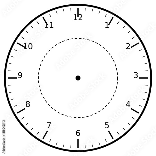 Clock Face 12 Numeric Thin Hour Minute Thin Dashed clock face on white background