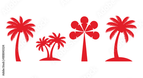 Vibrant red palm tree silhouettes on a clean white background
