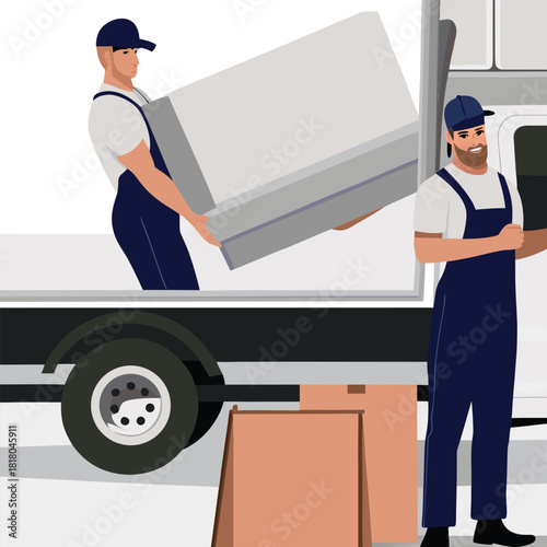 Moving service and delivery company. Delivery character man movers carry sofa with big carton cardboard box. Delivery truck and relocation service concept. Vector illustration in flat style

