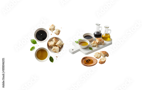Balsamic vinegar paired with oil and bread on a white background, featuring both top and side views.
