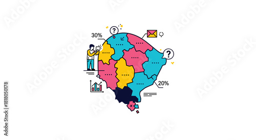 Colorful Map with Person Analyzing Data, Questions, and Email Icon for Business Strategy or Marketing Decisions and Statistical Analysis in Differing Regions