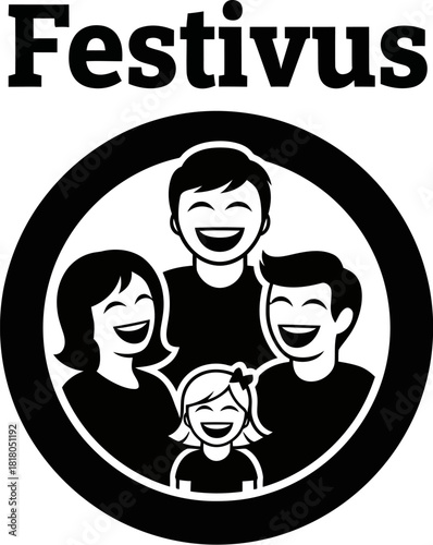 Festivus family illustration with smiling parents, children, baby in circle