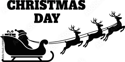 Christmas day celebration with santa claus in his sleigh pulled by three flying reindeer