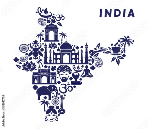 India map with cultural icons vector illustration
