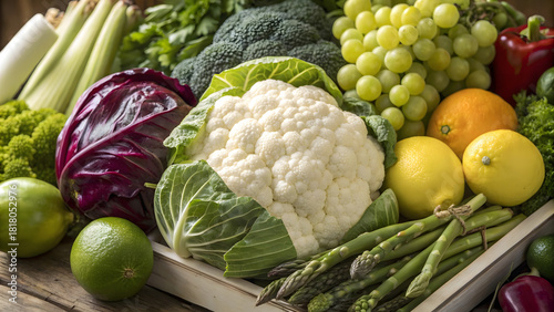 A vibrant display of fresh produce, featuring cauliflower, broccoli, grapes, lemons, limes, asparagus, and red cabbage, all arranged on a wooden surface