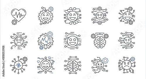 Modern digital intelligence and emotional AI concept icons expressing feelings, thoughts, and complex processes with integrated circuit board designs