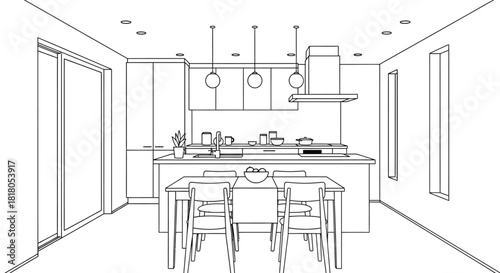 Modern kitchen interior design with dining table and chairs scene