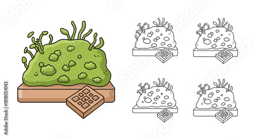 Whimsical green blob creature with sprouts and a waffle base, perfect for science education and playful designs