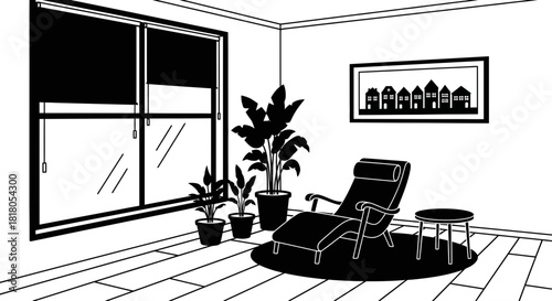 Relaxing chair in a modern room with plants and framed art decor