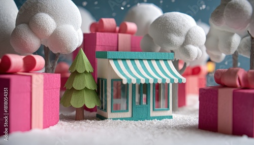 Fototapeta Naklejka Na Ścianę i Meble -  Miniature winter scene depicts a small shop surrounded by bright holiday presents and snow-covered trees