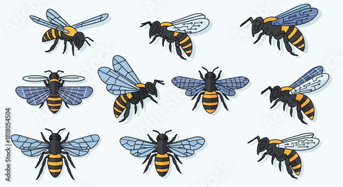 Dynamic collection of stylized bees with unique wing designs, ideal for branding, eco-friendly concepts, and innovative technology projects