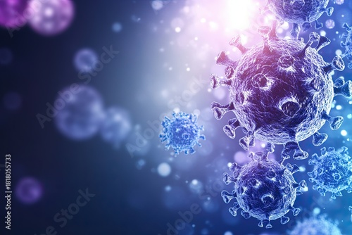 A close-up digital rendering of virus particles, showcasing intricate details in a colorful, abstract background representing microscopic views.