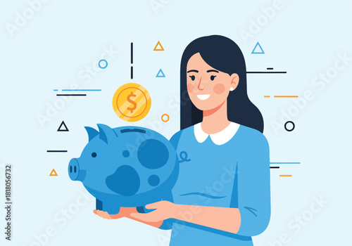 Woman saving money piggy bank financial planning personal finance concept - Flat Vector Illustration, icon. Editable stroke. Colored vector illustration