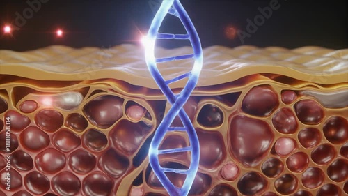 Animation of DNA and UV radiation impacting skin cells