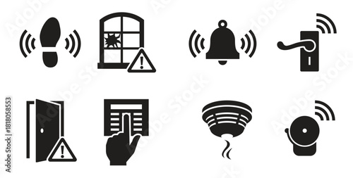 home security sensors and equipment icons set black on a 