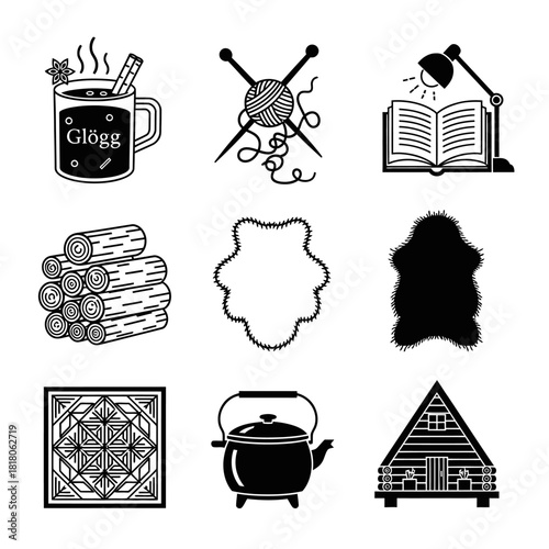 A curated collection of minimalist black and white icons, perfectly illustrating cozy winter essentials and hygge lifestyle elements for comfort.