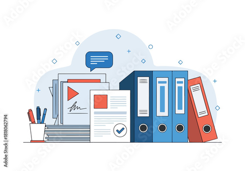 Office organization documents folders and digital communication icons - Flat Vector Illustration, icon. Editable stroke. Colored vector illustration