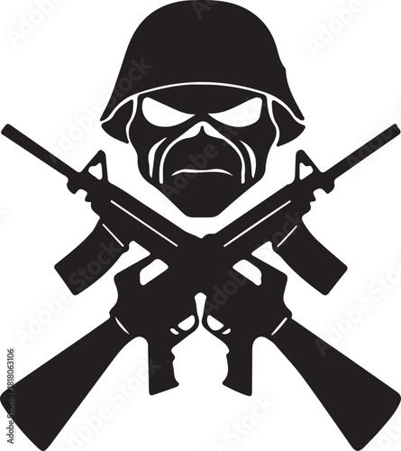 Print skull with helmet and crossed rifles isolated on