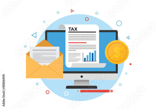 Financial tax documents on computer screen with envelope and coin - Flat Vector Illustration, icon. Editable stroke. Colored vector illustration