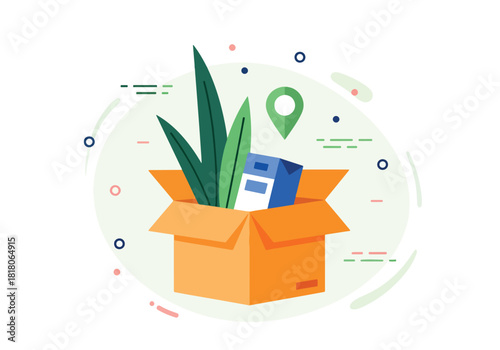 Open cardboard box with plants and blue item delivery concept - Flat Vector Illustration, icon. Editable stroke. Colored vector illustration
