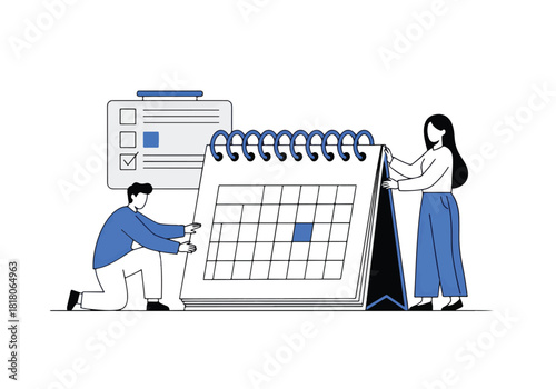 Team planning and scheduling with a large calendar and people - Flat Vector Illustration, icon. Editable stroke. Colored vector illustration