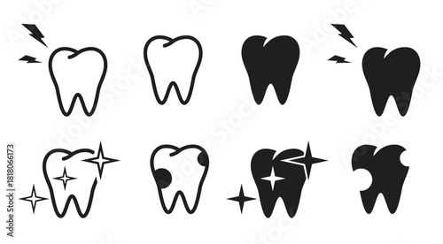  tooth icons set black on a white background