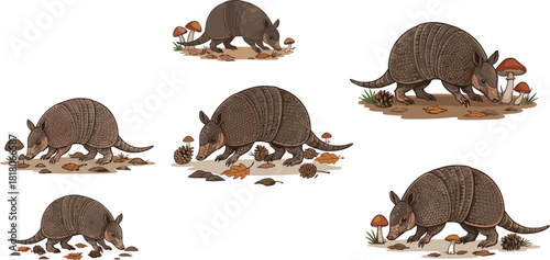 "Cartoon armadillo illustrations in nature scenes, autumn leaves, mushrooms, wildlife artwork, cute animal drawings, forest environment, detailed textured armadillos"