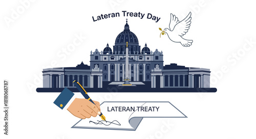 Lateran Treaty Day Celebrated with Dove, Vatican City, and Hand Signing Document