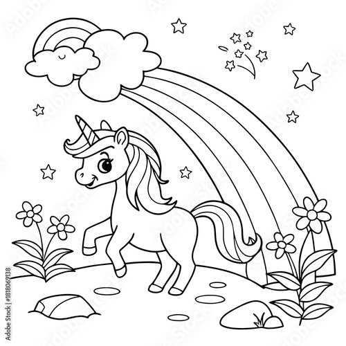 Unicorn by the Rainbow Waterfall kids coloring page