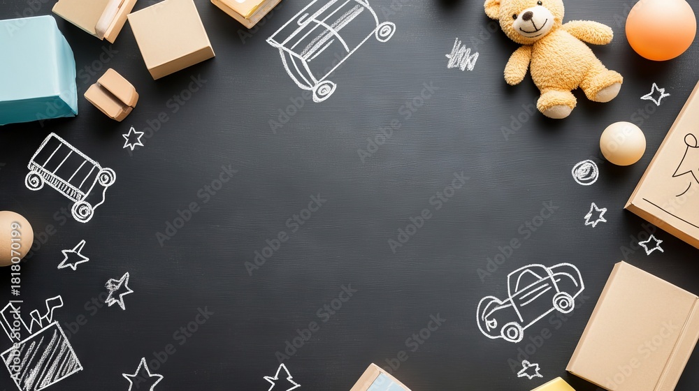 Fototapeta premium 97.Chalkboard with childish drawings, kids toys, balls, teddy bear, cars, books, cubes, and blocks