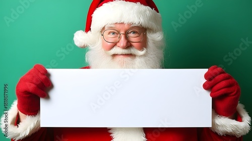 Santa Claus holds a blank sign with a cheerful smile against a colorful background during the holiday season