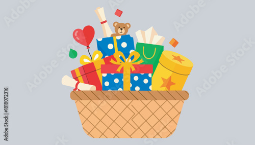 A woven basket overflowing with colorful gifts, including wrapped presents, a teddy bear, a diploma, and a heart-shaped balloon.