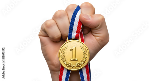 Triumphant fist holding a gold medal for first place achievement