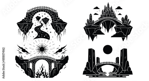 Fantasy bridges vector designs illustration set black and white