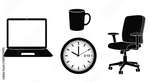 Office setup illustration with laptop chair clock and coffee mug